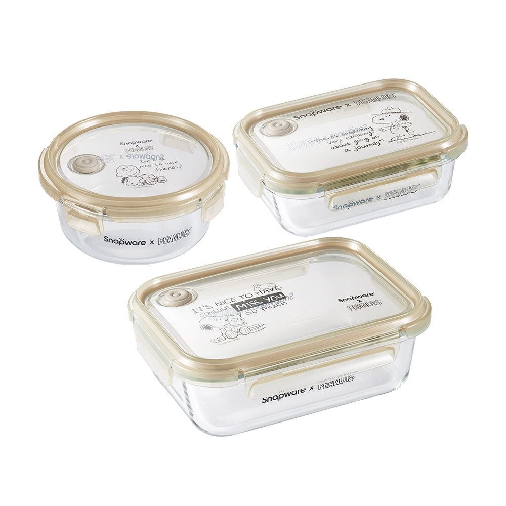 Corelle Brands 康寧餐具SNOOPY復刻黑白耐熱玻璃保鮮盒三入組(長方/圓形660ML+長方1090ML)