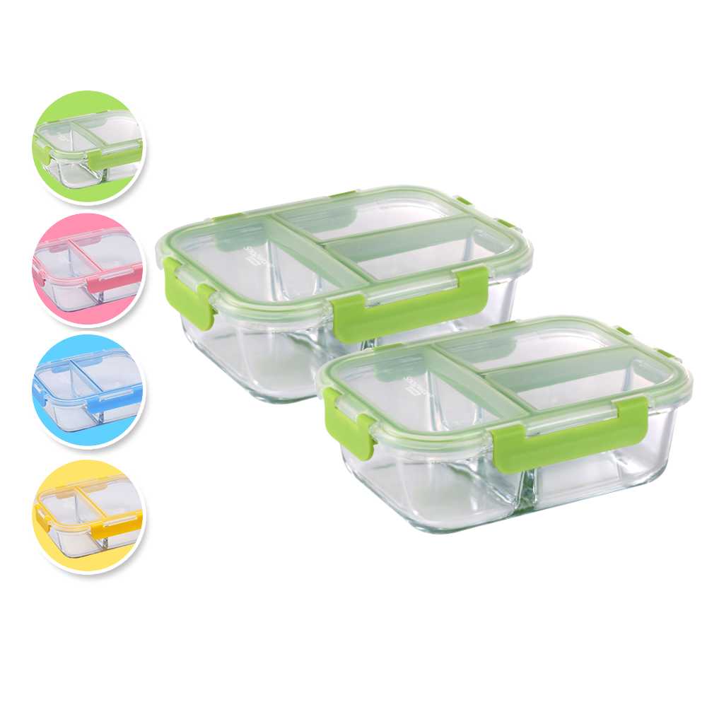 Corelle Brands 康寧餐具全新升級全三分隔長方形玻璃保鮮盒1050ml-兩入組