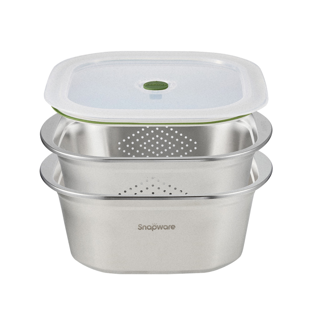 Corelle Brands 康寧餐具方形不鏽鋼調理盆+瀝水籃三件組28cm